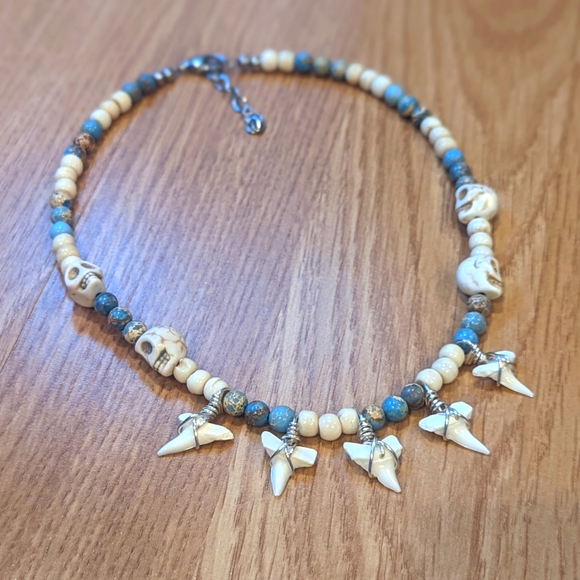 Handcrafted Jewelry - FINAL PRICE Shark Teeth Bone Bead Jasper Skull Carved Howlite Choker Necklace